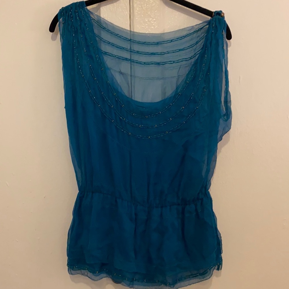 DVF Sheer Teal Beaded Blouse